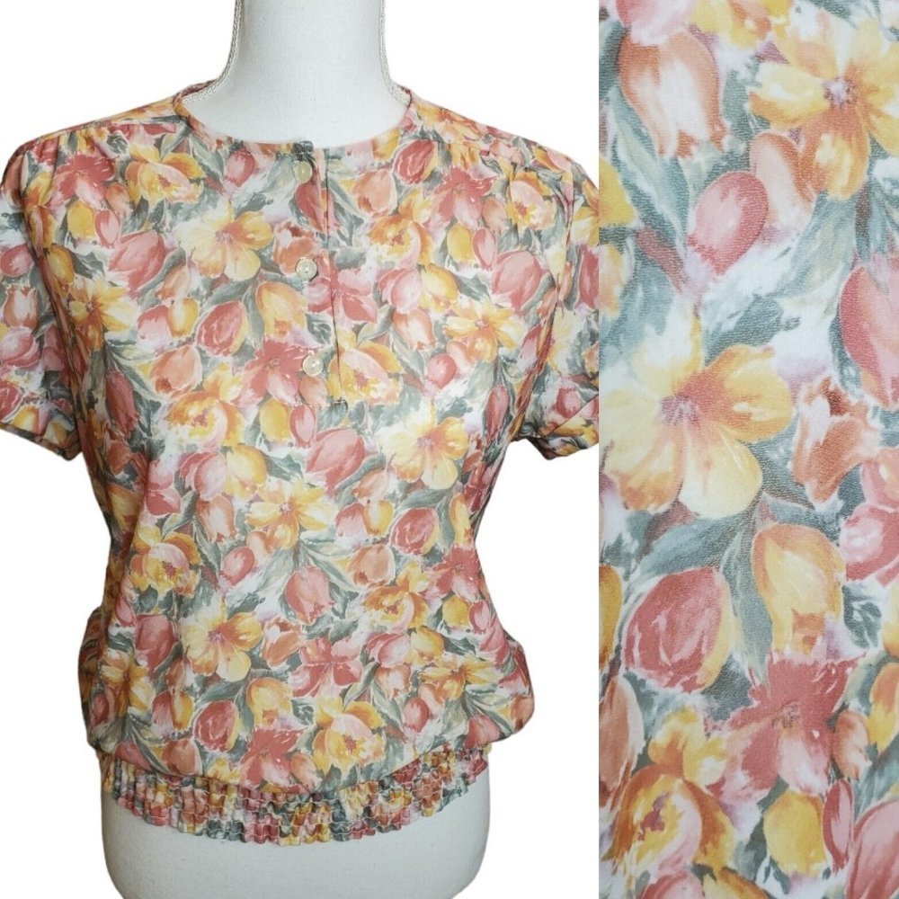 Vintage 80s Pastel Floral Watercolor Smocked Blouse Sz Small Pink‎ Yellow